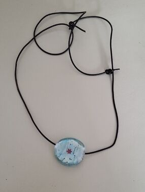 Hand Crafted pale blue pendant necklace with red star